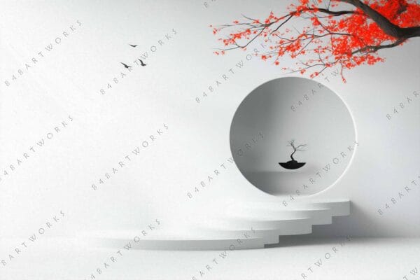 "Minimalist digital artwork of bonsai tree and red leaves against a white backdrop."