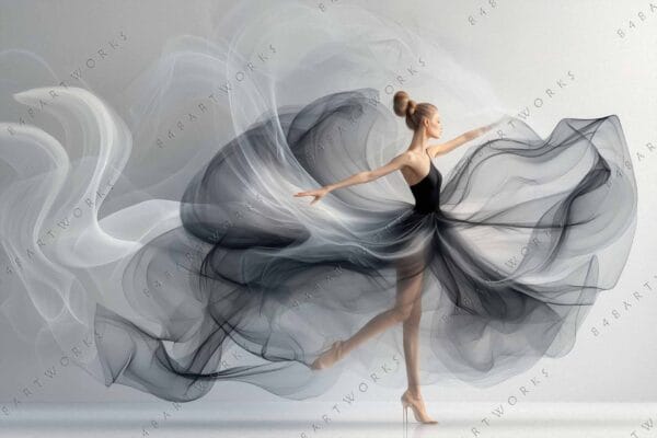 "Digital artwork of a ballerina in a black dress with flowing translucent fabric."