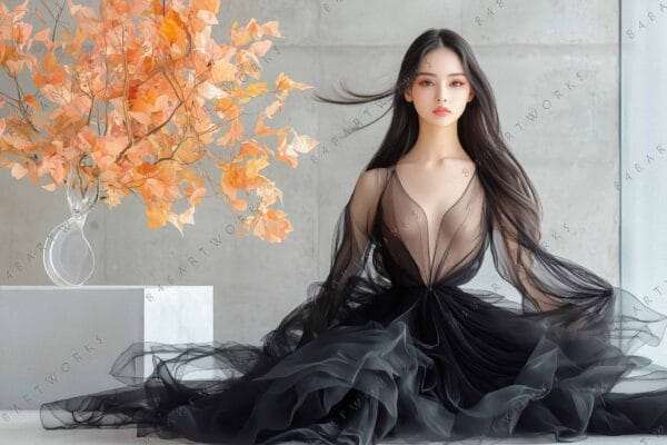 Digital art of woman in black flowing dress, orange leaves in vase, gray background.