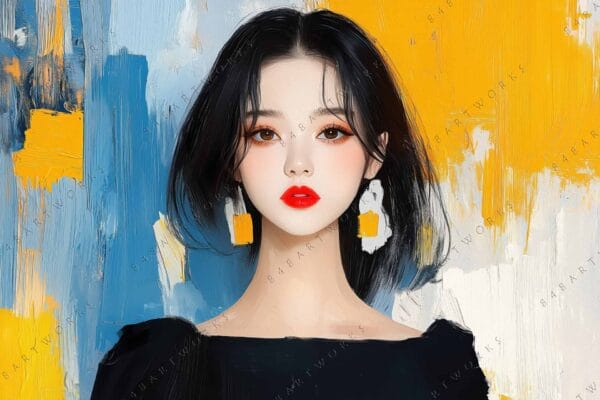 "Digital portrait of a woman with red lips, abstract blue and yellow background."