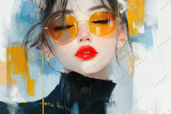 Digital painting of a woman with red lips, yellow sunglasses, abstract background.