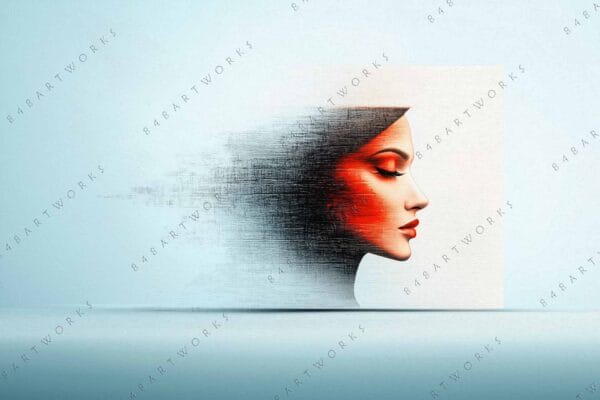 "Digital art of a woman's profile with abstract texture, in blue and red tones."