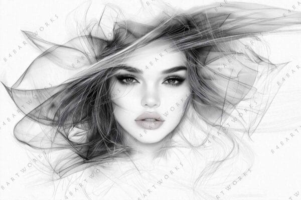 "Black and white digital drawing of a woman's face with flowing hair."