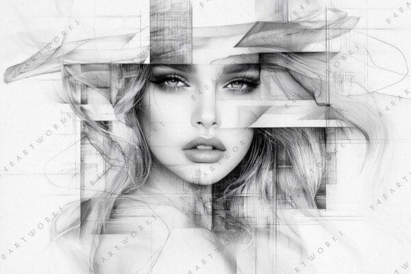 "Monochrome digital art of a woman's face with geometric lines and soft shading."