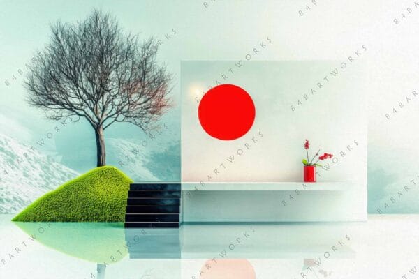 Surreal digital art of a tree on green hill, red circle, and vase.