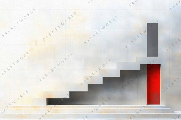 Minimalist digital painting of gray stairs and a red door on a light background.