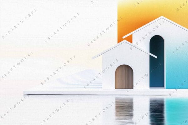"Minimalist digital artwork of white buildings and reflections with orange and blue accents."