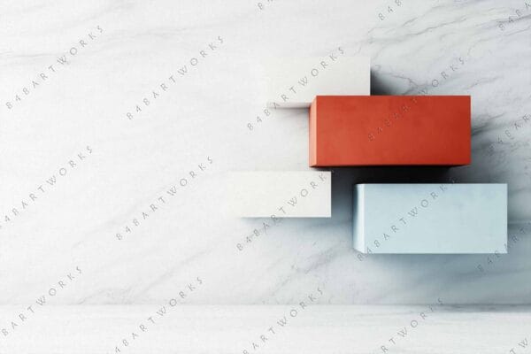 "Digital art of floating colored cubes on marble-textured background, featuring white, red, blue."