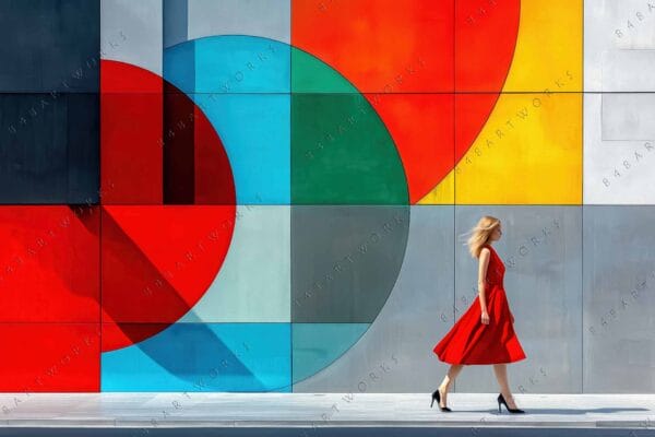 Photo of a woman in red dress walking past colorful geometric mural.