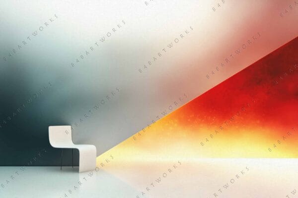 "Modern digital art featuring a white chair against a gradient teal to red background."