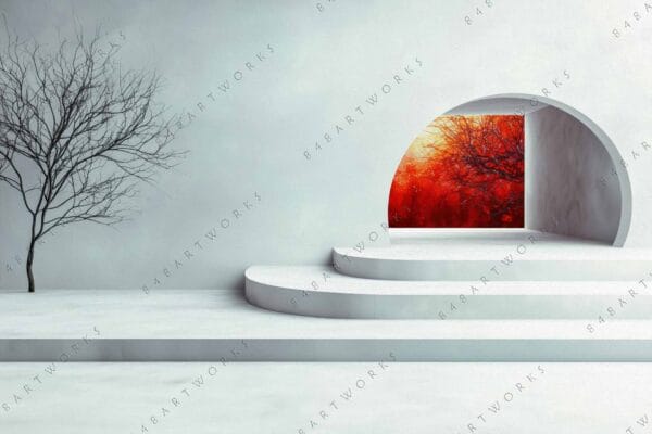 Minimalist digital art of white platform with arch, bare tree, and vibrant red background.