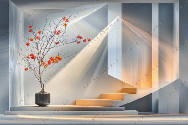 "Digital artwork of a vase with branches and orange flowers, soft geometric background."