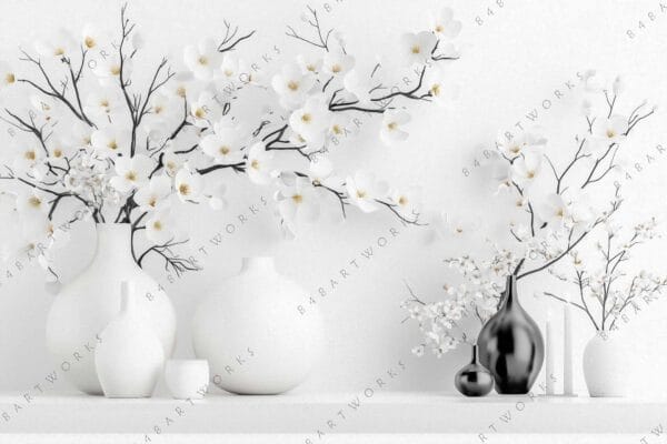 Minimalist digital art of white flowers in black and white vases on a shelf.