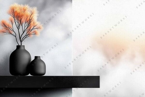 "Digital artwork of black vases with orange branches on a minimalist background."