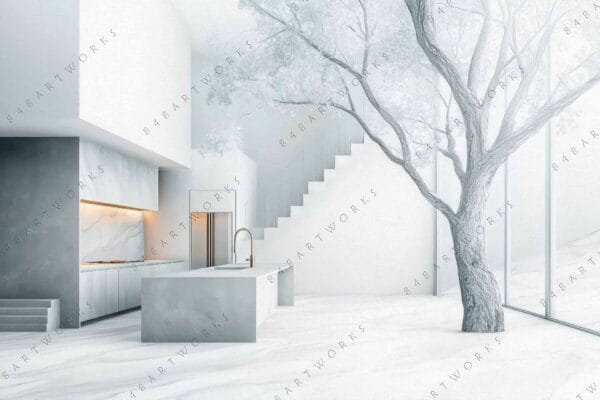 "Minimalist digital art of a white kitchen with integrated tree and sleek design."