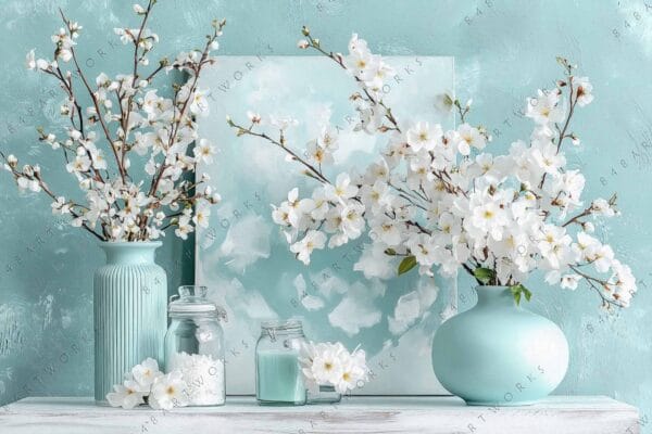White cherry blossoms in turquoise vases with teal abstract painting background.