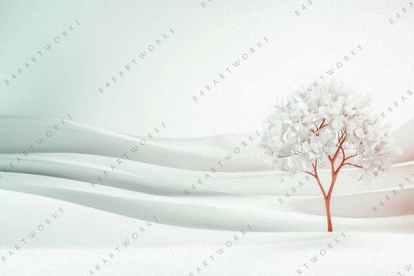 "Minimalist digital artwork of a solitary tree with white leaves on gentle hills."