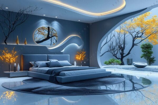 Futuristic digital artwork of a modern blue bedroom with curved architecture and yellow trees.