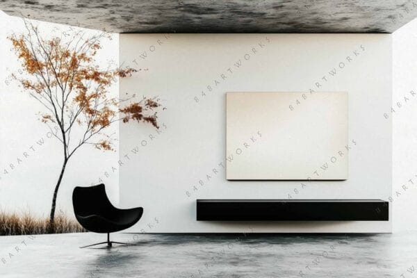 "Minimalist interior with black chair, bare tree, and beige canvas on a white wall."