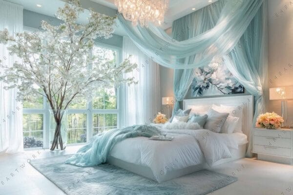 "Luxurious blue-themed bedroom with canopy drapes, floral arrangement, and chandelier."