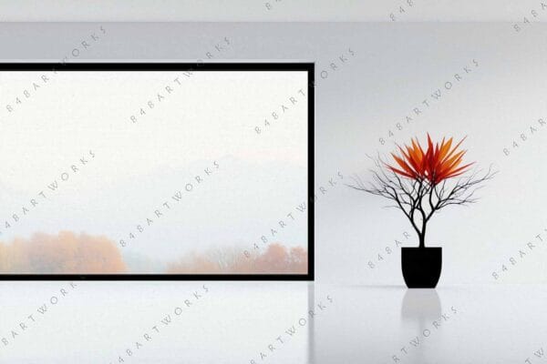 "Minimalist digital art of red-leaf plant beside a misty landscape window view."