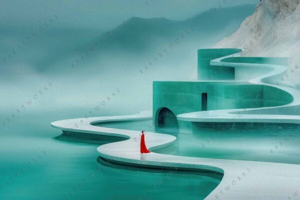 Surreal digital artwork of a lone figure on a winding turquoise path.