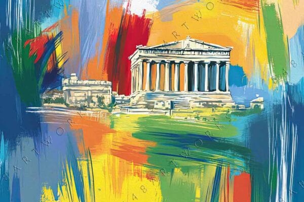 "Abstract digital painting with colorful brushstrokes surrounding a classical Greek temple."