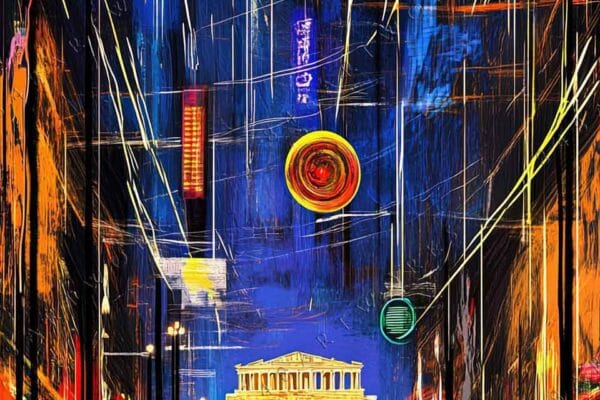 Abstract digital painting of a vibrant, futuristic cityscape with dynamic lines and bold colors.