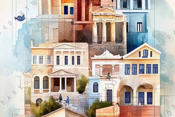 "Digital art of Greek architecture collage with warm beige, blue, and terracotta tones."
