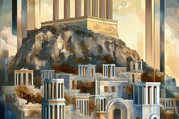 "Art Deco digital painting of ancient Greek cityscape in gold, blue, and beige hues."