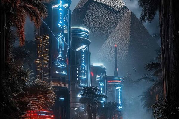 Futuristic digital artwork of neon-lit buildings and pyramids against stormy sky.