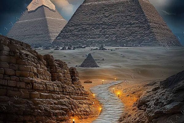 "Digital art of pyramids under stormy sky, illuminated path in desert landscape."