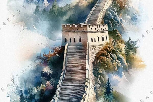 "Watercolor painting of the Great Wall of China with soft blue and brown hues."