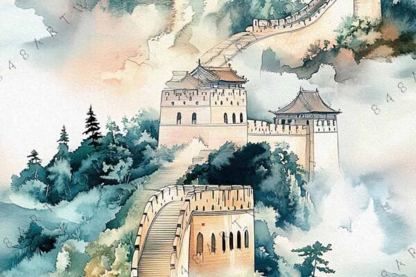 Watercolor painting of the Great Wall of China amid misty mountains and trees.