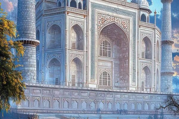 Photorealistic digital painting of the Taj Mahal under a blue sky, with glowing lantern.