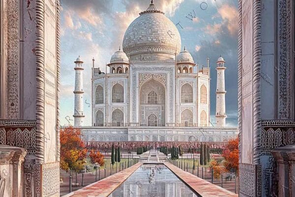 Digital painting of the Taj Mahal through ornate archway, with vibrant reflections and sky.