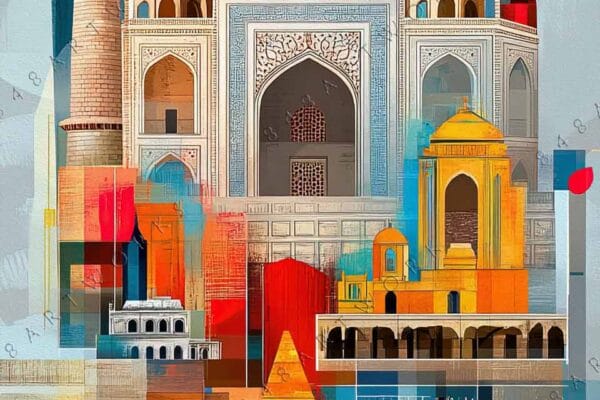 "Abstract digital artwork of Taj Mahal with geometric shapes in vibrant blue and orange."