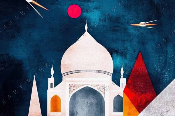 "Abstract digital art of Taj Mahal with colorful planets and geometric shapes on dark background."