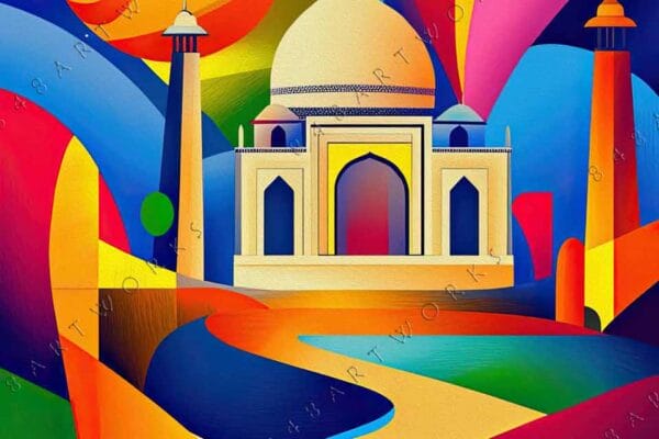 "Vibrant digital painting of Taj Mahal with swirling abstract shapes and vivid colors."