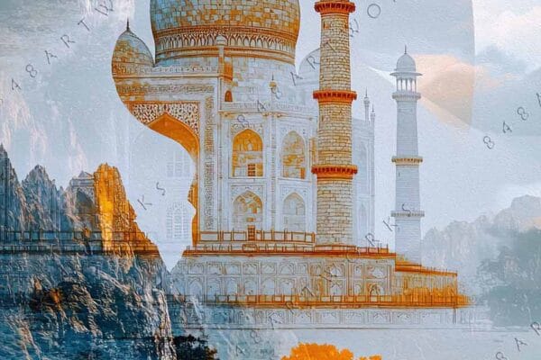 "Digital art of Taj Mahal silhouette overlaid with mountainous landscape in orange and blue hues."