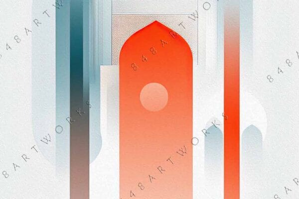"Abstract digital artwork of a mosque with blue domes and orange gradient arches."