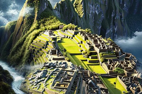 "Digital painting of Machu Picchu nestled in verdant mountain landscape under dramatic clouds."