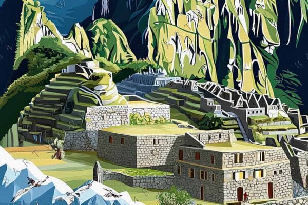 "Colorful digital artwork of Machu Picchu with vibrant foliage, birds, and distant mountains backdrop."