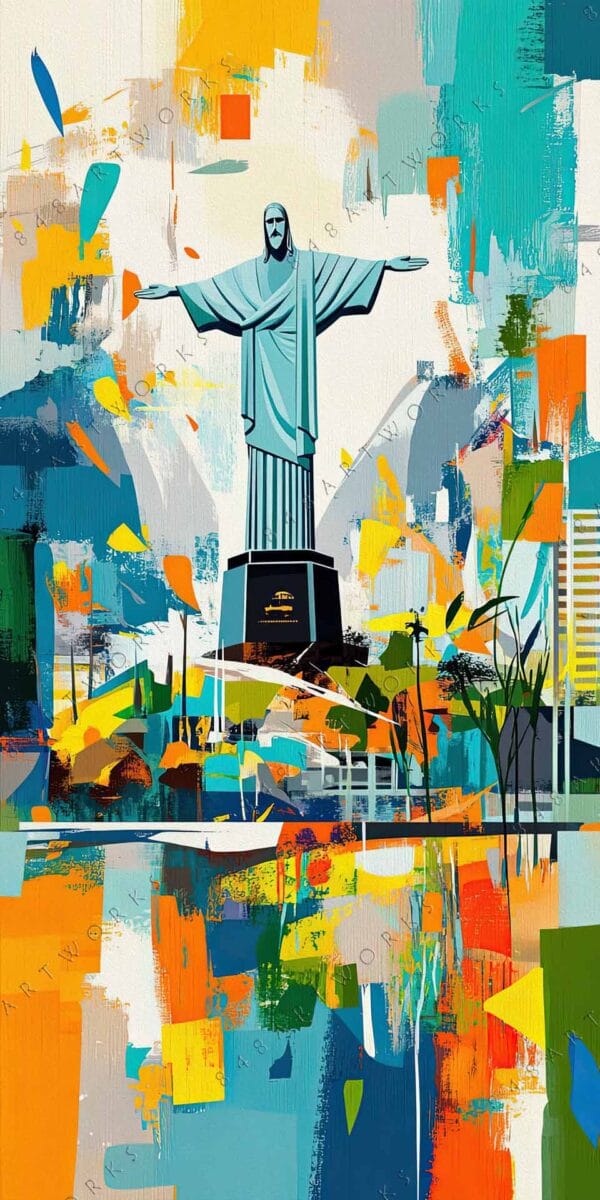 "Vibrant digital painting of Christ the Redeemer statue with abstract colorful brushstrokes."