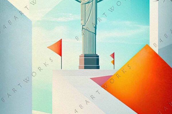 "Surreal digital artwork featuring a large statue with geometric shapes and vibrant colors."