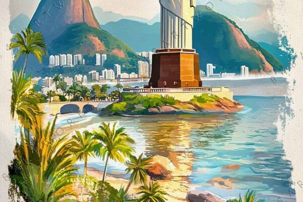 "Colorful digital painting of Rio's Christ the Redeemer with palm trees and mountains."