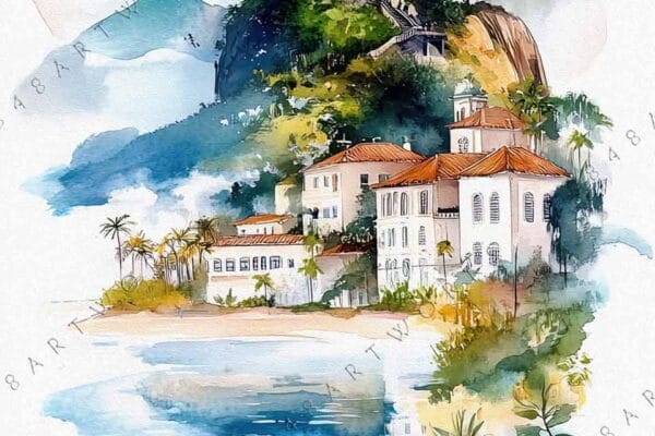 Watercolor painting of Christ the Redeemer statue overlooking Rio de Janeiro, lush greenery, blue sky.