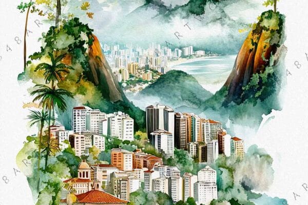 "Watercolor painting of a mountainous cityscape with a large statue and lush greenery."