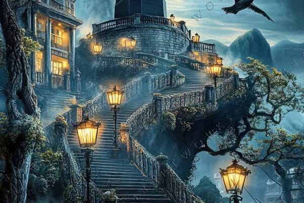 "Fantasy digital art of a grand staircase leading to a statue, in misty blue hues."