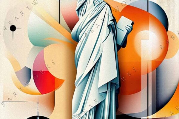 "Abstract digital art of Statue of Liberty with geometric shapes and warm color palette."